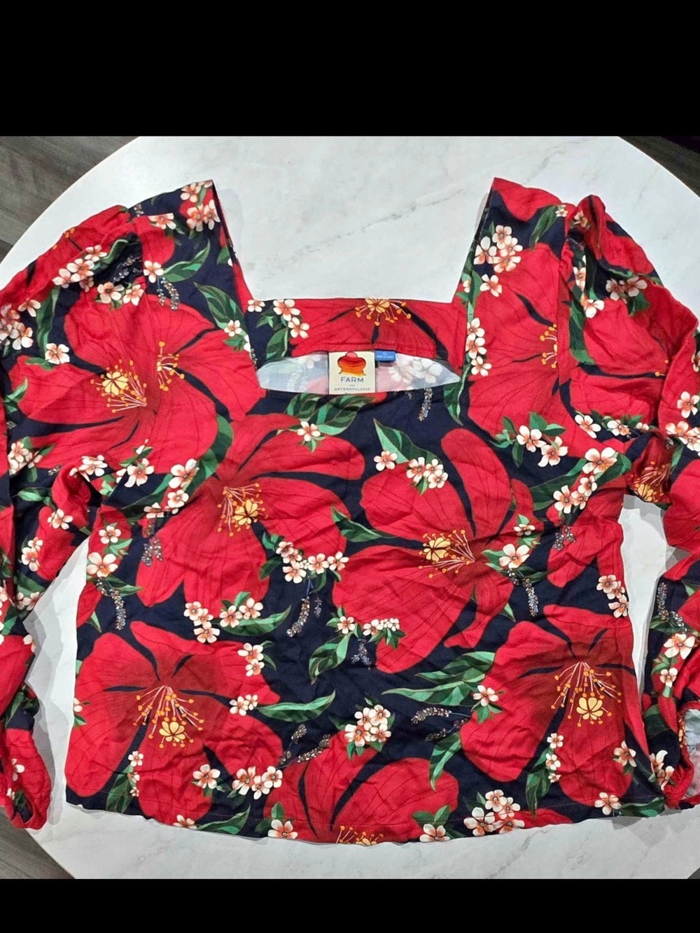 FARM Rio Red Floral Square-Neck Puff Sleeve Blouse